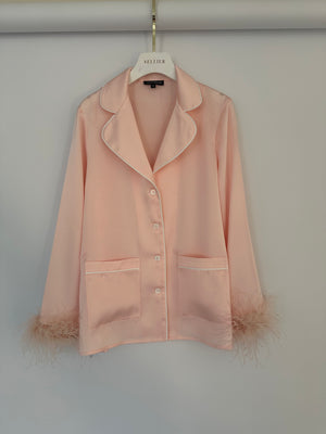 Nadine Merabi Pink Pyjama Shirt Jacket with Feather Details Size M (UK 12)