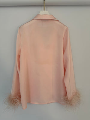 Nadine Merabi Pink Pyjama Shirt Jacket with Feather Details Size M (UK 12)