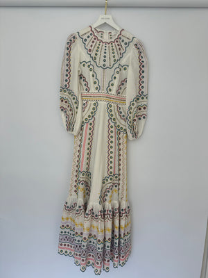 Zimmermann White Long Sleeve Embroidered Maxi Dress with Scalloped Hem Detail Size 0 (UK 8)