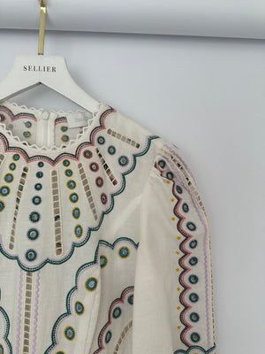 Zimmermann White Long Sleeve Embroidered Maxi Dress with Scalloped Hem Detail Size 0 (UK 8)