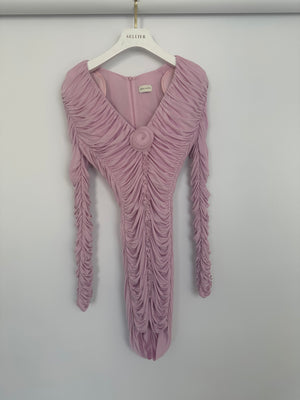 Magda Butrym Pink Long Sleeve Ruched Mini Dress with Rose Appliqué Detail Size FR 36 (UK 8)