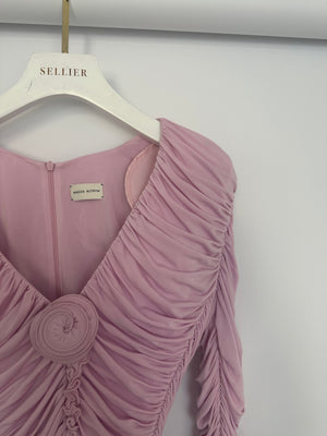 Magda Butrym Pink Long Sleeve Ruched Mini Dress with Rose Appliqué Detail Size FR 36 (UK 8)