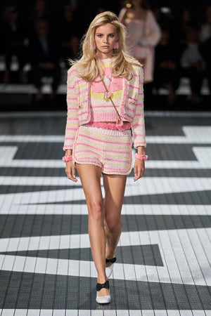 *RUNWAY* Chanel 24C Resort Pink 
Yellow Multi-colour Jumper and Skirt Set with Cupid Heart "Coco" Detail Top Size FR 34 (UK 6) Skirt Size FR 36 (UK 8)