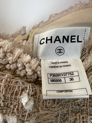 Chanel Gold, White Tweed Mini Dress with Shoulder Straps and Braided Appliqué Waist Belt Detail Size FR 36 (UK 8)