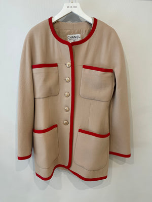 Chanel Vintage Wool Beige and Red Jacket with Gold CC Button Details Size FR 38 (UK 10)