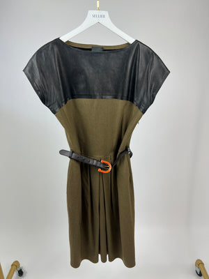 Fendi Khaki Leather Panelled Midi Dress with Belt Detail IT 44 (UK 12)