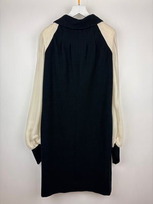 Chanel Black Midi Dress With Cream Silk Chiffon Sleeves and Neck Tie With Shimmer Detail Size FR 40 (UK 12)