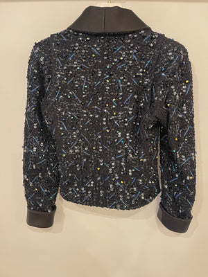 *HOT* Chanel Black and Blue Sequin Embellished Jacket with Satin Collar Detail Size FR 34 (UK 6)