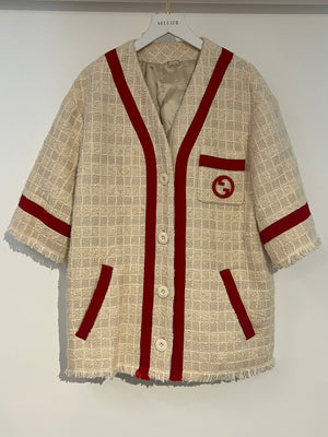 Gucci Pre-Fall 2023 Cream Collarless Tweed Jacket with Red Ribbon Trim Size IT 36 (UK 4)