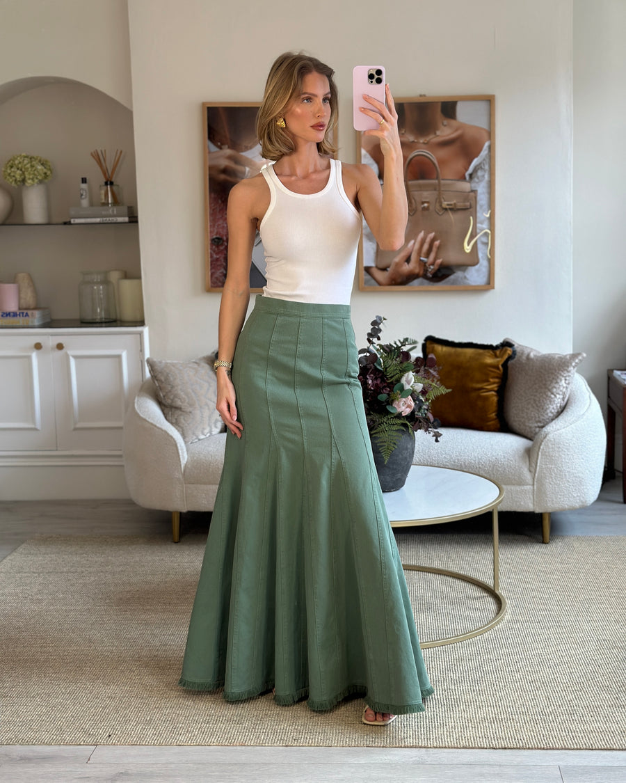 Max Mara Green Denim Maxi Skirt with Frill Hem Detail IT 36 (UK 4) (fits a UK 8) RRP £640