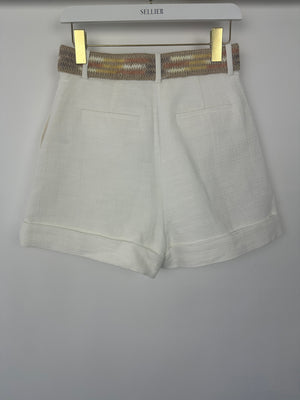 Zimmermann White Linen Shorts With Braided Beige Belt Size 0 (UK 8)