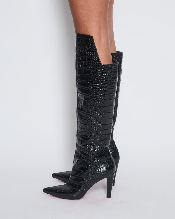 Christian Louboutin Black Crocodile Embossed Knee-high Boots Size 40.5