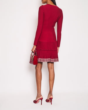 Alaia Red Long-Sleeve Dress with Pleated Trim FR 38 (UK 10)