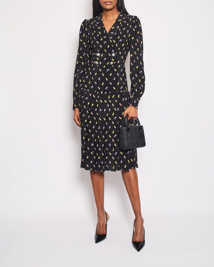 Alessandra Rich Black Silk Flower Printed Midi Dress with Crystal Buttons Size IT 44 (UK 12) RRP £1,350