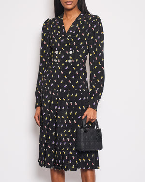 Alessandra Rich Black Silk Flower Printed Midi Dress with Crystal Buttons Size IT 44 (UK 12) RRP £1,350