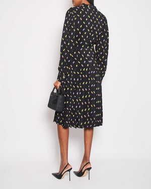 Alessandra Rich Black Silk Flower Printed Midi Dress with Crystal Buttons Size IT 44 (UK 12) RRP £1,350