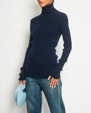 Chanel Navy Ribbed Cashmere Roll Neck Long Sleeve Jumper with CC Logo Detail FR 36 (UK 8)