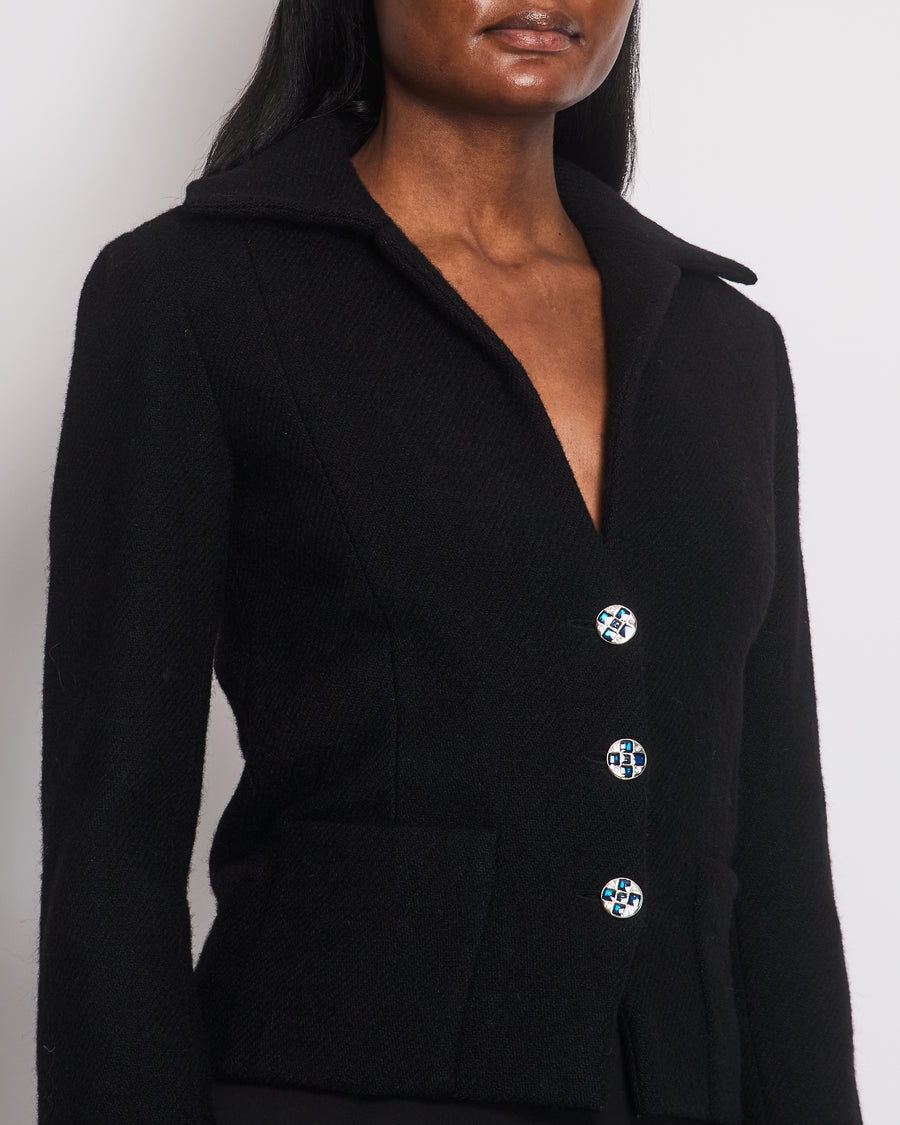 Chanel Black Wool Blazer with Silver and Blue Button Detail Size FR 34 (UK 6)