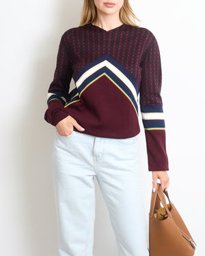 Céline Burgundy Jumper with Multicolour Geometric Details Size S (UK 8)