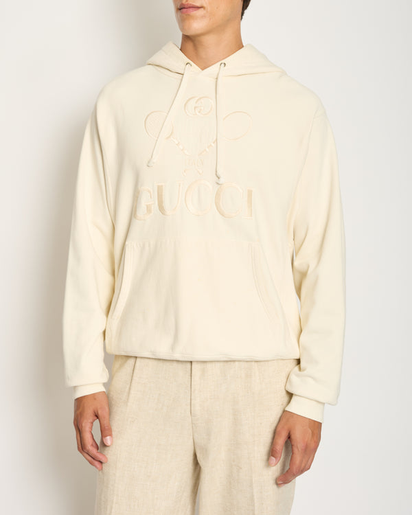 Gucci Cream Tennis Racket Embroidered Hoodie with Logo Detail Size IT 40 (UK 8)