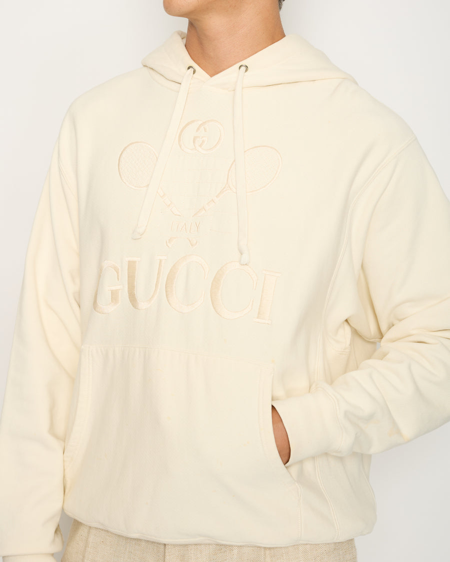 Gucci Cream Tennis Racket Embroidered Hoodie with Logo Detail Size IT 40 (UK 8)