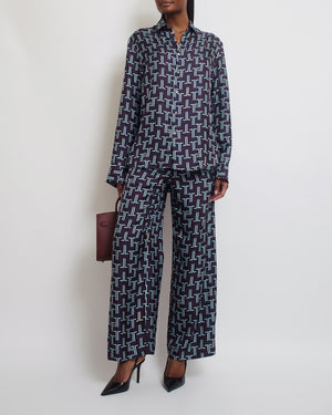 Lanvin Blue, Burgundy Silk Printed Shirt and Trouser Pjyama Set Size FR 38 (UK 10)