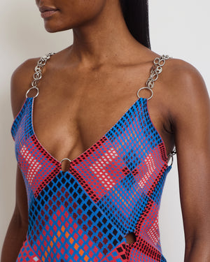 Paco Rabanne Blue, Red Check Chain Mail Draped Top Size M (UK 10)