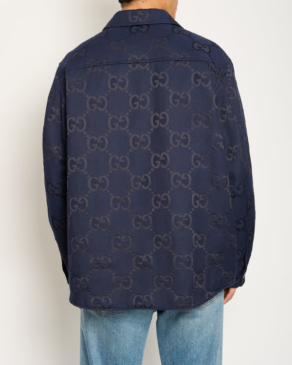 Gucci Menswear Navy Monogram Jumbo GG Logo Print Shirt Jacket Size IT 52 (UK 42)