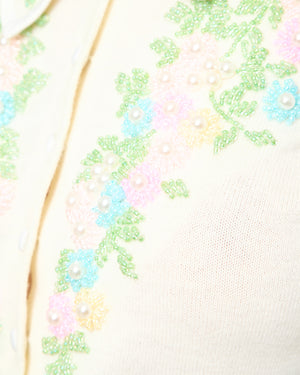 LoveShackFancy Cream Floral Embroidered Button Down Cardigan FR 36 (UK 8)