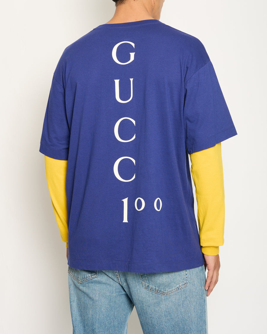 Gucci Navy Menswear Over-Sized T-Shirt with Yellow Long Sleeves and Lettering Print Size M (UK 38)