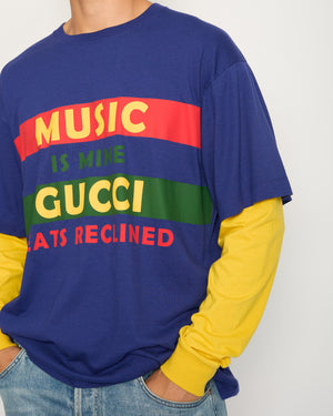 Gucci Navy Menswear Over-Sized T-Shirt with Yellow Long Sleeves and Lettering Print Size M (UK 38)