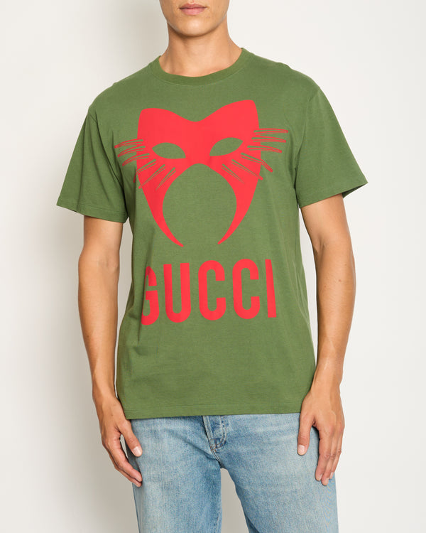 Gucci Menswear Khaki Over-Sized T-Shirt with Red Mask Logo Print Size M (UK 38)