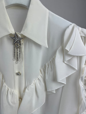 Miu Miu White Silk Blend Long Sleeve Blouse with Ruffle and Crystal Detail Size IT 38 (UK 6)