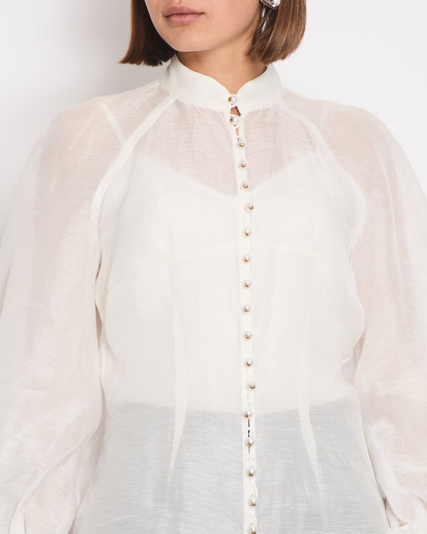 Zimmermann White Linen Blouse with Pearl Button Detail Size 0 (UK 8)