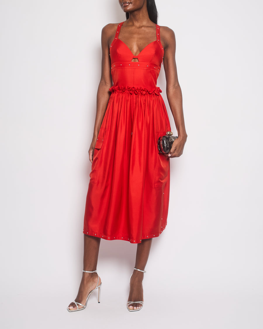 Hermes Red Midi Silk Dress with Ruffles and Silver Studs Size FR 36 (UK 8)