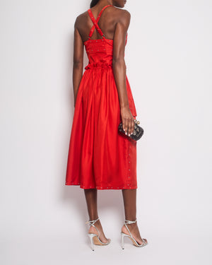 Hermes Red Midi Silk Dress with Ruffles and Silver Studs Size FR 36 (UK 8)