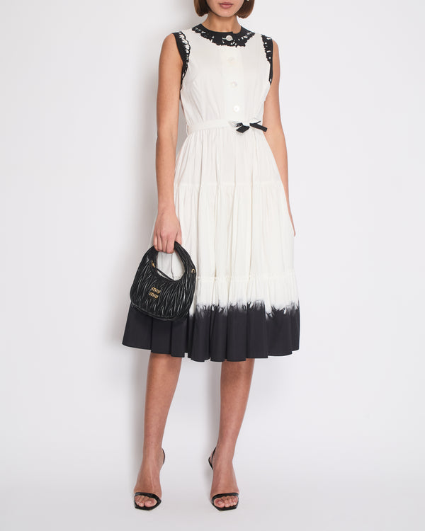 Prada White Maxi Popeline Sleeveless Belted Dress with Black Tie-Dye Details Size IT 42 (UK 10)