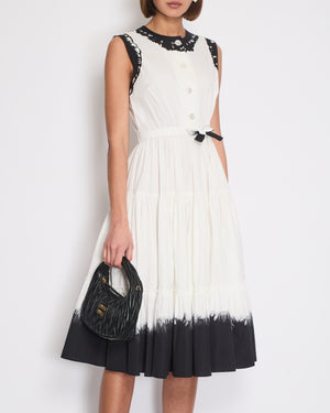 Prada White Maxi Popeline Sleeveless Belted Dress with Black Tie-Dye Details Size IT 42 (UK 10)