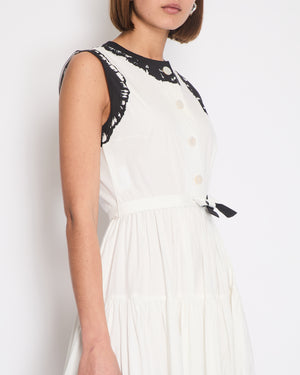 Prada White Maxi Popeline Sleeveless Belted Dress with Black Tie-Dye Details Size IT 42 (UK 10)