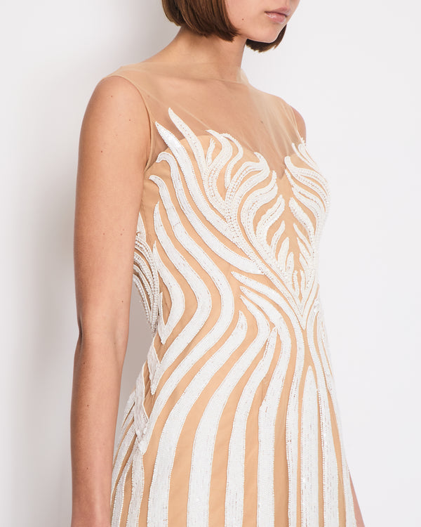 Zuhair Murad White and Beige Sequin Striped Tulle Sleeveless Mini Dress Size IT 42 (UK 10)