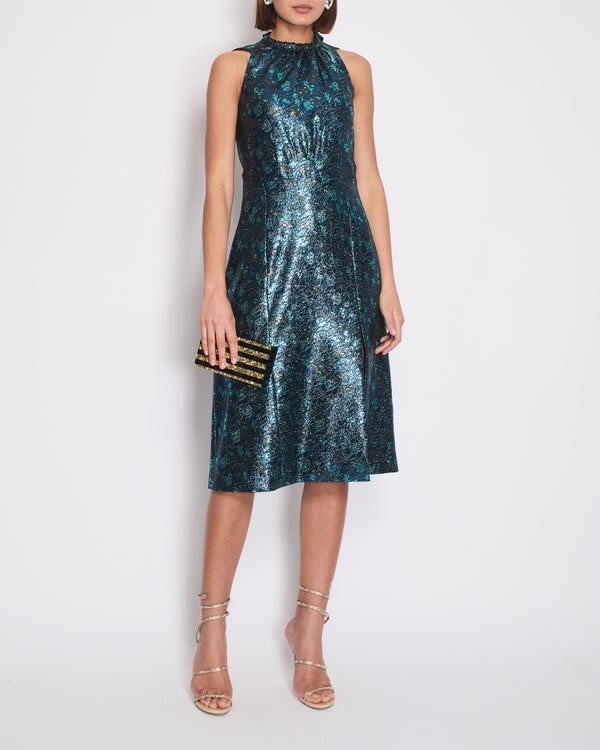 Prada Blue 
Green Metallic Sleeveless Midi Dress with Floral Prints Size IT 40 (UK 8)