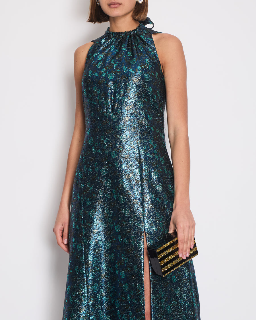 Prada Blue 
Green Metallic Sleeveless Midi Dress with Floral Prints Size IT 40 (UK 8)