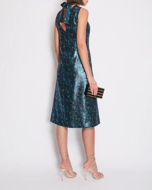 Prada Blue 
Green Metallic Sleeveless Midi Dress with Floral Prints Size IT 40 (UK 8)