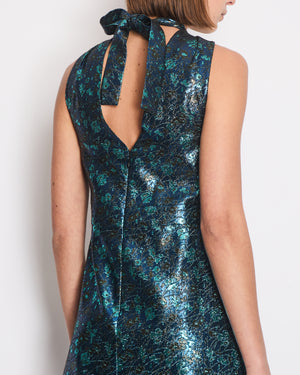 Prada Blue 
Green Metallic Sleeveless Midi Dress with Floral Prints Size IT 40 (UK 8)