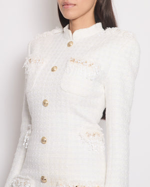 Balmain White Tweed Mini Dress with Gold Buttons and Sequin Embellishments Size FR 34 (UK 6)