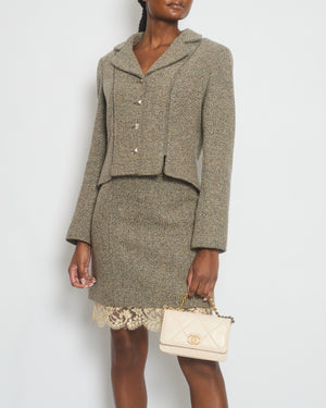 Chanel 03/A Cream, Brown Check Tweed Jacket with Matching Skirt Set Lace Trim Size FR 44 (UK 16)