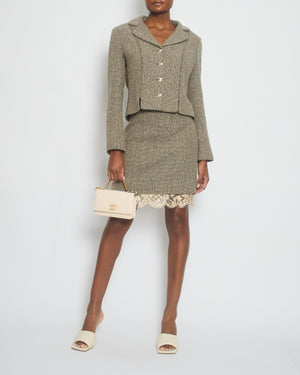 Chanel 03/A Cream, Brown Check Tweed Jacket with Matching Skirt Set Lace Trim Size FR 44 (UK 16)