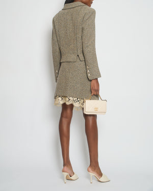 Chanel 03/A Cream, Brown Check Tweed Jacket with Matching Skirt Set Lace Trim Size FR 44 (UK 16)