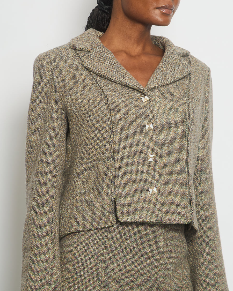 Chanel 03/A Cream, Brown Check Tweed Jacket with Matching Skirt Set Lace Trim Size FR 44 (UK 16)