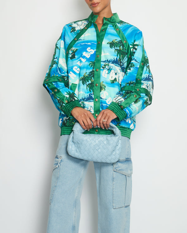 Gucci Blue 
Green Palm Tree Print Bomber Jacket with Detachable Sleeve Cuff Details IT 40 (UK 8)